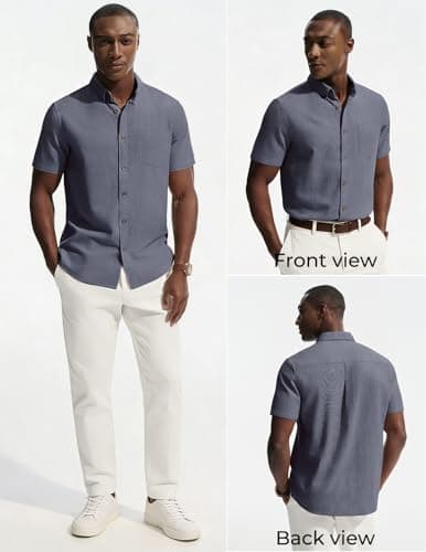 PJ PAUL JONES Mens Dress Shirts Short Sleeve Button Down Men Cotton Linen Summer Beach Collar Shirt with Pocket for Formal Work Navy Blue - Thumbnail 2