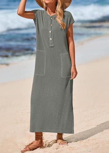 KIRUNDO Womens Summer Dresses 2026 Spring Ribbed Knit Henley Short Sleeve Maxi Dress Button Up Loose Beach Vacation Sundress(Grey, X-Large) - Thumbnail 6