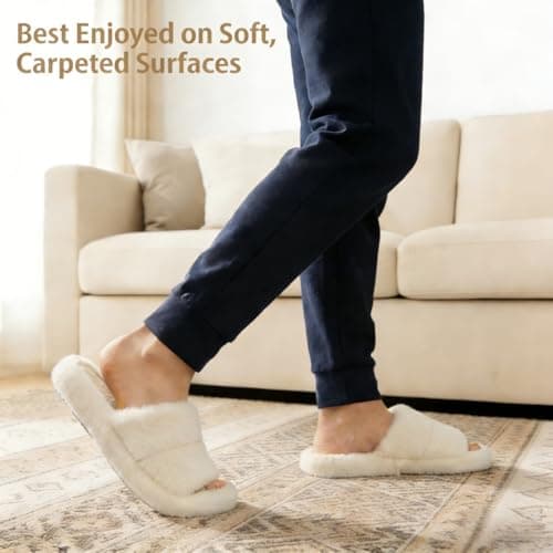 PXPUIQ House Slippers for Women - Fuzzy Slippers with Plush Faux Fur Lining, Memory Foam Cushioned Insole, Open-Toe Design, Slip-Resistant Sole, Washable, Pull-On Closure, Faux Fur Upper, Flat Heel - Thumbnail 3
