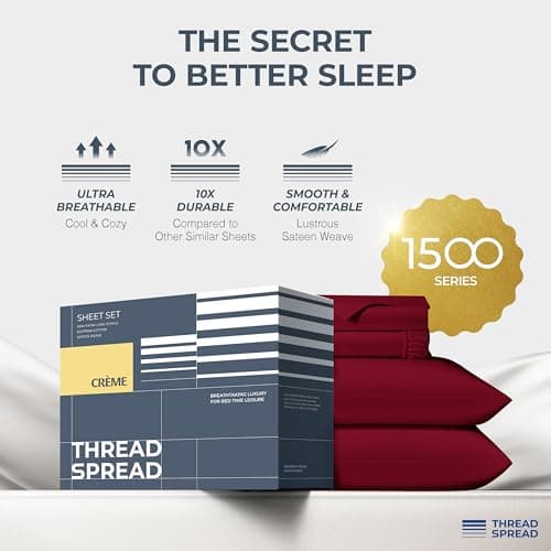 THREAD SPREAD 100% Egyptian Cotton King Size Sheets Set - Luxury 1500 Thread Count Egyptian Cotton Sheets King Size, 17" Deep Pocket, Soft, Cooling Sateen Weave Hotel Quality Bedding Set - Burgundy - Thumbnail 5