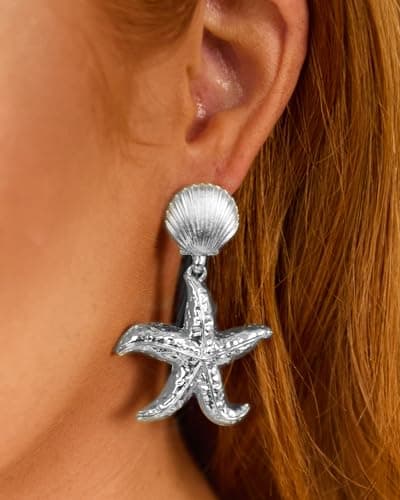UANNEAU Silver Chunky Earrings for Women Trendy, 14K White Gold Plated Dainty Starfish Earrings Statement Minimalist Hypoallergenic Stud Earrings - Thumbnail 2
