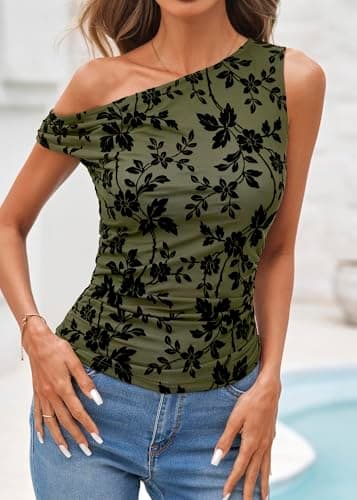 Lazysmile Womens Summer Floral Off Shoulder Tops Sleeveless Ruched Slim Fit Shirts Blouse Y2K Going Out Mesh Tank Tops Army Green - Thumbnail 6