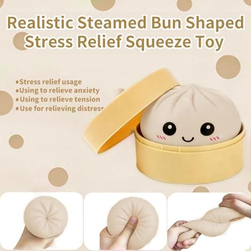 Dumpling Squishy Stress Ball, JHSRVER Mystery Dumpling Squishies, Dumplings Stretchy Desk Toy, Handmade Squeeze Toys, Bun Dough Sensory Fidget Toy with a Steame (Beige) - Thumbnail 3