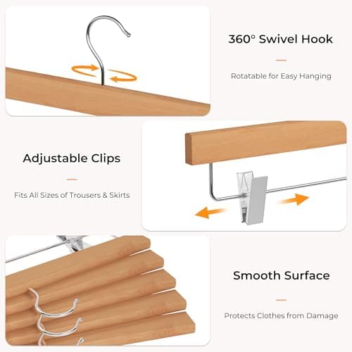 StorageWorks Pants Hangers with Clips, Wooden Clothes Hanger for Skirts, Jeans, Shorts, 10 Pack - Thumbnail 3