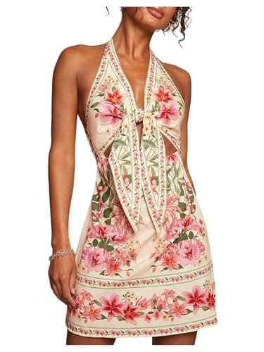 RoseSeek Women's Tropical Floral Backless Halter Dresses Cut Out Knot Front Sleeveless Vacation Short Dress Pink X-Small - Image 1