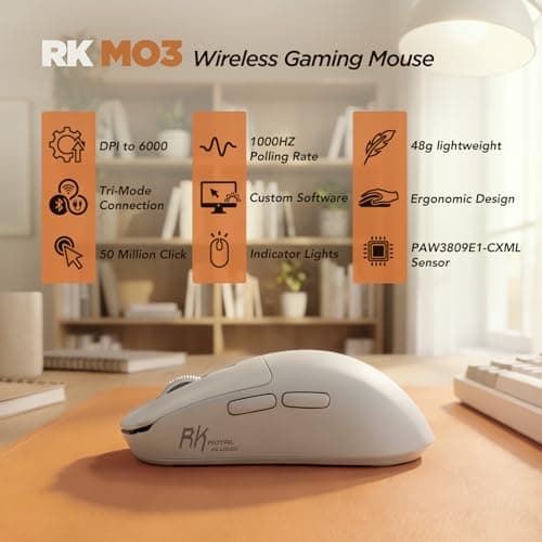 RK ROYAL KLUDGE RK MO3 Wireless Gaming Mouse, 48g Lightweight Computer Mouse, Bluetooth/2.4G/Wired Rechargeable PC Game Mice with Programmable Buttons and Silent Clicks, 6000 DPI for Laptop/Mac, White - Thumbnail 2