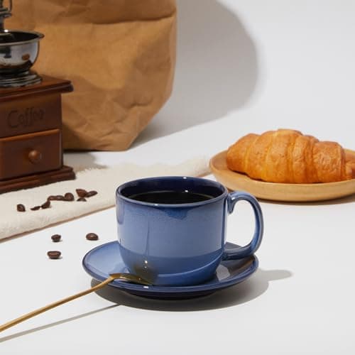 Pokini Stoneware Coffee Cups with Saucers, 6 Oz Cappuccino Cups Set of 4, Microwave & Dishwasher Safe, Perfect For Tea, Espresso, Latte, Ceramic Mugs for Kitchen or Cafe, Light Blue - Thumbnail 6