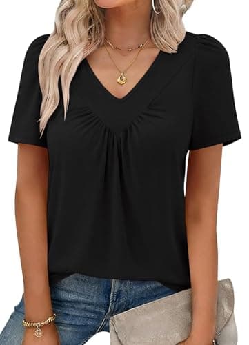 KKJ Womens T Shirts Ruched V Neck Puff Short Sleeve 2026 Dressy Casual Blouses Spring Summer Loose Fit Tops Business Clothes Black - Image 1