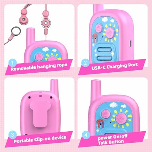 Walkie Talkies for Kids 2 Pack Rechargeable with 3 Miles Long Range, Toddler Walkies Talkies Pink Bule Toys Birthday for 3-8 Years Old Boys Girls for Outdoor Games Camping Hiking - Thumbnail 4