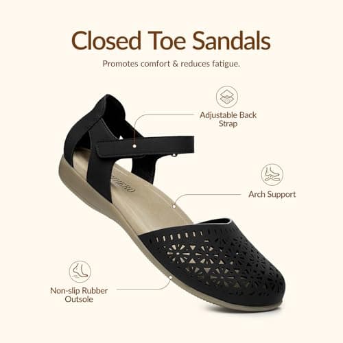 Rihero Womens Closed Toe Sandals Black Dressy Hollow Out Adjustable Ankle Strap Sandals for Women Summer Casual Flats with Arch Support for Office Beach 7 - Thumbnail 5