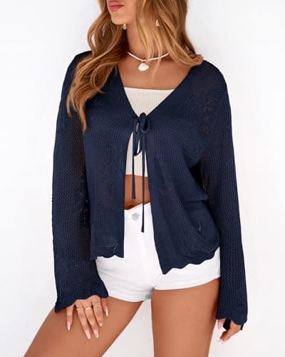 BTFBM Summer Cardigans for Women Lightweight 2026 Spring Crochet Hollow Out Long Sleeve Tie Front Beach Vacation Coverups(Navy Blue, XX-Large) - Thumbnail 4