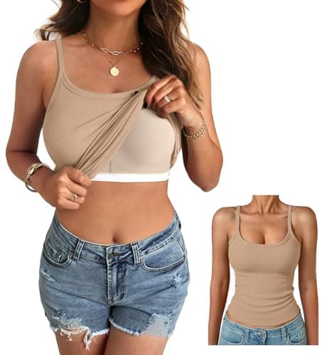 GKBK Women's Sleeveless Built in Bra Tank Top Form Fitting Scoop Neck Ribbed Knit Basic Padded Cami Shirts White Khaki XL - Thumbnail 2
