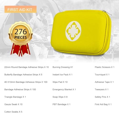 276PCS Hiking First Aid Kit for Home Personal Emergency Supplies Compact Bag for Backpack, First Aid Essentials Survival Kit for Business Travel Car Yellow AMORNING - Thumbnail 2