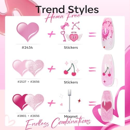 modelones Pink Gel Polish Set, Hema Free Light Pink Cat Eye Gel Polish Jelly Glitter Nude Hot Pink Pastel Nail Polish 6 Colors 2026 Spring Easter LED Nail Art DIY Gift with Magnet&Love-heart Stickers - Thumbnail 2