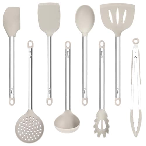8 Pieces Kitchen Utensils Set, Vayvnt Silicone Cooking Utensils Set for Non-Stick Cookware, Stainless Steel Handle, Heat Resistant Kitchen Gadgets Includes Large Spatula Tongs, Dishwasher Safe, Khaki - Image 1