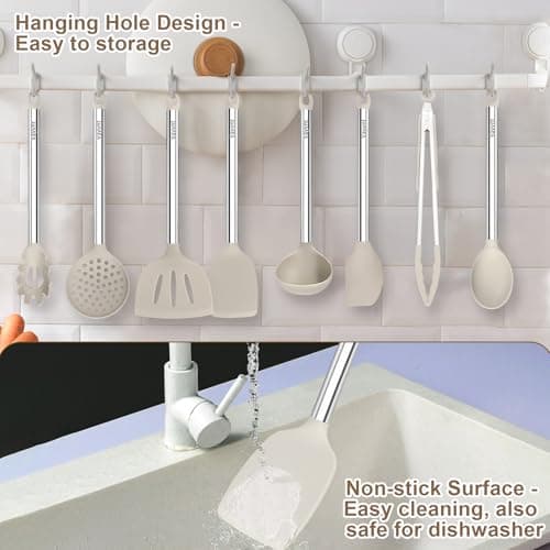 8 Pieces Kitchen Utensils Set, Vayvnt Silicone Cooking Utensils Set for Non-Stick Cookware, Stainless Steel Handle, Heat Resistant Kitchen Gadgets Includes Large Spatula Tongs, Dishwasher Safe, Khaki - Thumbnail 5