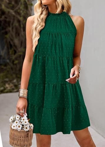 KIRUNDO Summer Sundresses for Women Spring Halter Flowy Babydoll Tiered Pleated Beach Wedding Guest Vacation Cruise Dress(Dot-Dark Green, Small) - Thumbnail 3