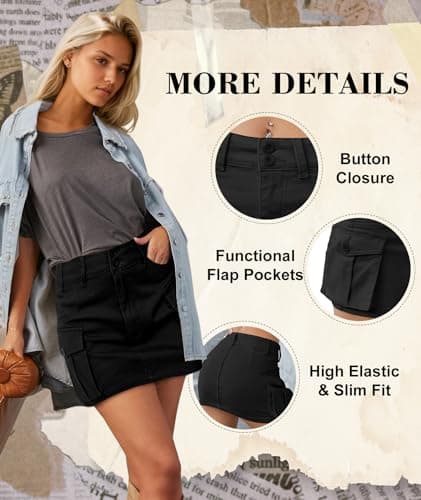 EARKOHA Women's Mini Cargo Skirt Y2K Button Low Waist Short Skirts Bodycon Denim Jean Skirt with Flap Pockets Black L - Thumbnail 4