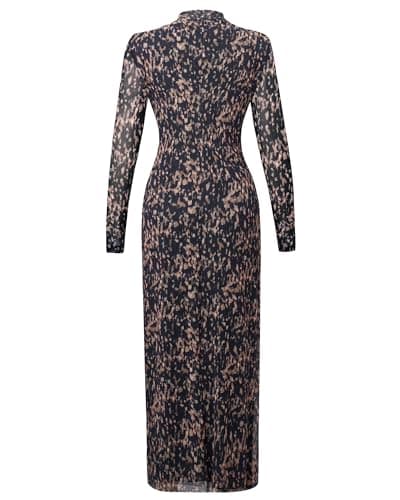 OctMoon Women’s Long Sleeve Maxi Dress High Neck Mesh Bodycon Dress with Splatter Print – Elegant Fall Italian Dress, Boho Evening Cocktail Party Dresses for Women(Navy)-S - Thumbnail 5
