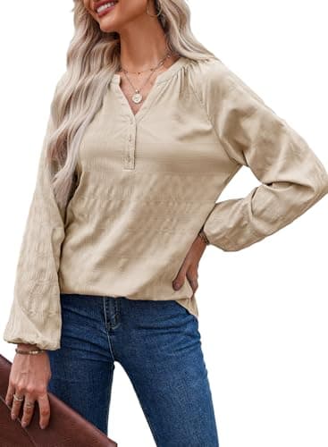Dokotoo Long Sleeve Shirts for Women Casual Blouses Dressy Basic Fashion Spring V Neck Textured Top 2026 Loose Business Outfits Womens Tops Trendy Teacher Tshirts Medium Beige - Image 1