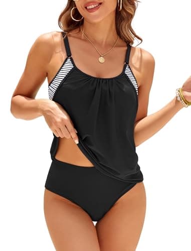ZAFUL Two Piece Tankini Swimsuit for Women High Waisted Tummy Control Bathing Suit Double Up Tankini Set Black M - Image 1