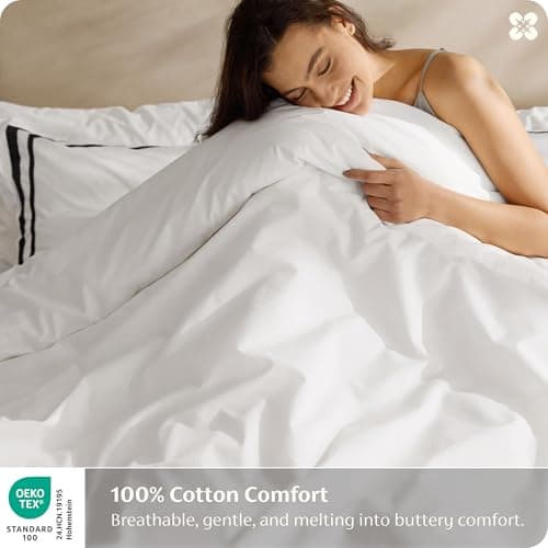 Bedsure 100% Cotton Duvet Cover Queen, Luxury Hotel Duvet Cover, White Comforter Cover with Black Frame, PureWoven Breathable & Lightweight Bedding Set for All Season, 3 Pieces, 90"x90" - Thumbnail 2
