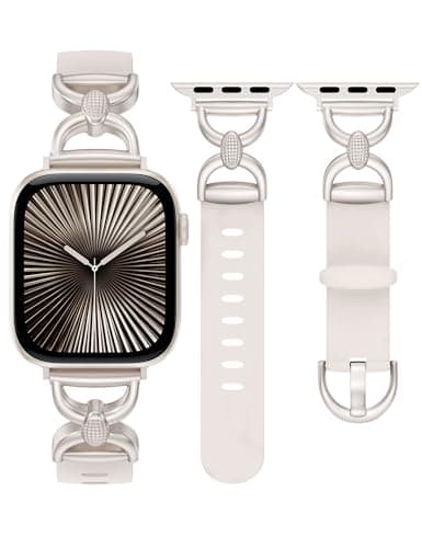 Wearlizer Silicone Band Compatible with Apple Watch Bands for Women 38/40/41/42mm, Dressy Chic Strap with Double D-Shaped Metal Elegant for iWatch Series SE/11/10/9/8/7/6/5/4/3/2/1 Starlight/Starlight - Image 1