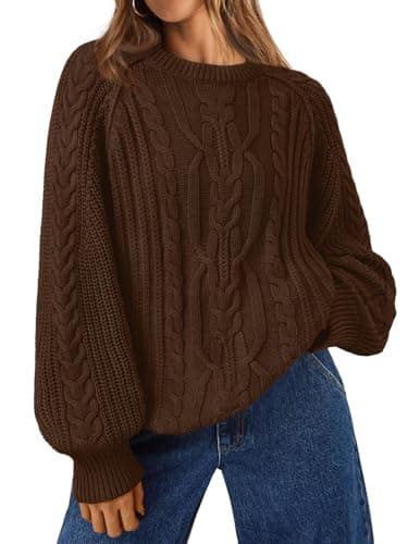 Trendy Queen Women Oversized Sweaters 2026 Fall Fashion Outfits Cable Knit Cozy Crewneck Cotton Pullover Cute Chunky Long Tunic Ladies Top Old Money Clothes Winter Clothing Brown M - Image 1