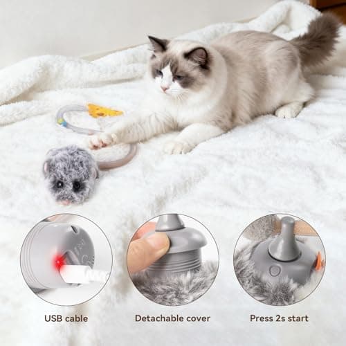 Migipaws Interactive MigiMouse Cat Toy 360° Rolling & Spin with Wiggling Tail for Indoor Cats Smart Motion Sensor, Realistic Squeak, Rechargeable Plush Kitten Toy(Grey Long) - Thumbnail 6
