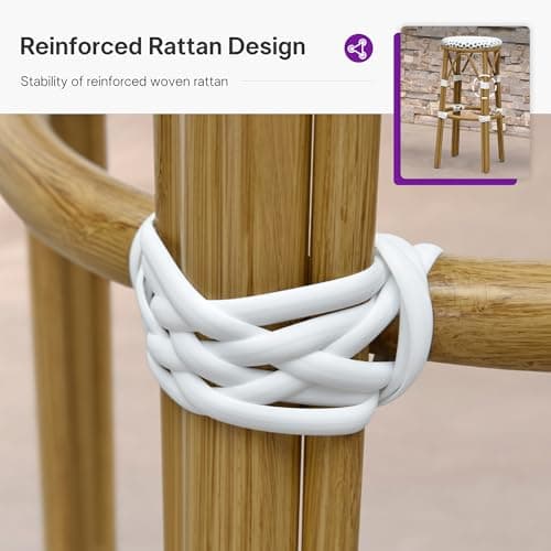 PURPLE LEAF Patio Round Counter Height Stool Set of 2 Outdoor Backless Barstools Aluminum Frame in Bamboo Finish with White & Blue Woven Rattan for Indoor Kitchen Dining Bistros Cafe Restaurant - Thumbnail 5
