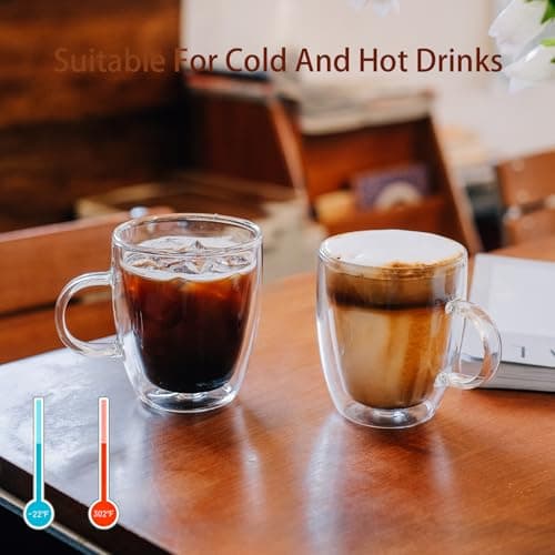 Wlasss Double Wall Insulated Glass Coffee Mugs set of 4-13 oz Clear Hand Blown Glass Coffee Cups with Handle for Cappuccino, Latte,Espresso,Tea Bags,Americano,Beverages, Gifts for Christmas - Thumbnail 3