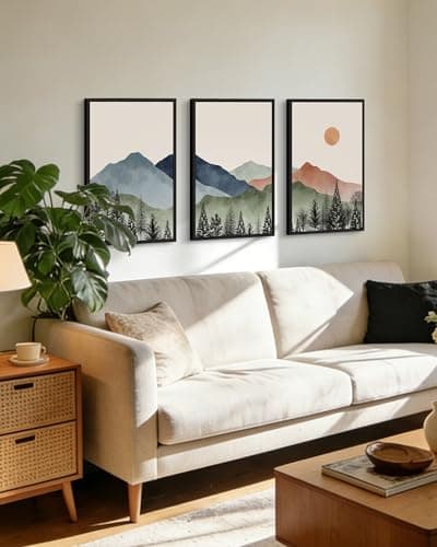 KUVIOKE Vintage Mountain Framed Wall Art Watercolor Nature Boho Sun Rise Paints Farmhouse Rustic Room Decor Ready to Hang 16x24in (Black Framed) - Thumbnail 4