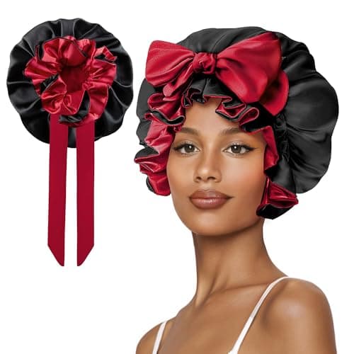 Vettres Hair Bonnet for Sleeping, Satin Silk Shower Cap Women 2025 with Tie Band and Adjustable Straps Head Wrap for Curly Hair Black F - Image 1
