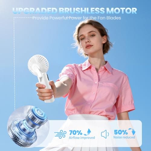 HAWANA Portable Handheld Fan, High Speed mini handheld fan with LED Display, travel fan 180° Foldable Desk Fan with Base, 5 Speed small fan for Outdoor Activities, Travel, Beach, White - Thumbnail 4