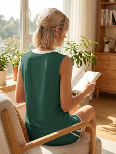 Casly Lamiit Womens 2 piece Summer Short Skirt Sets Sleeveless Skort Sets Outfits V Neck Short Sets Cotton Dark Green 2XL - Thumbnail 6