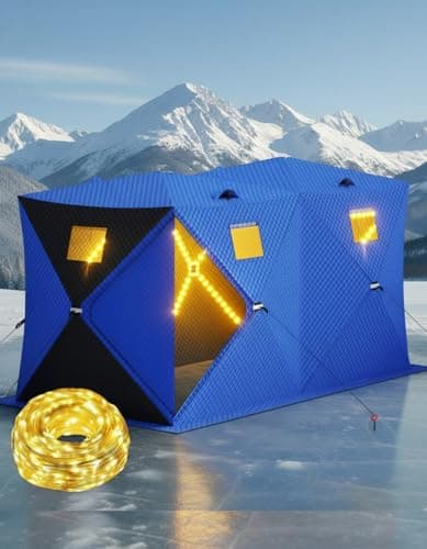 Garvee Pop Up Ice Fishing Shelter and Insulated Ice Fishing Tent with 49ft LED Light Strip, Windproof Portable Hub Design, Fits 5-7 People, 69 sq ft Fishable Area, Blue+Black - Image 1
