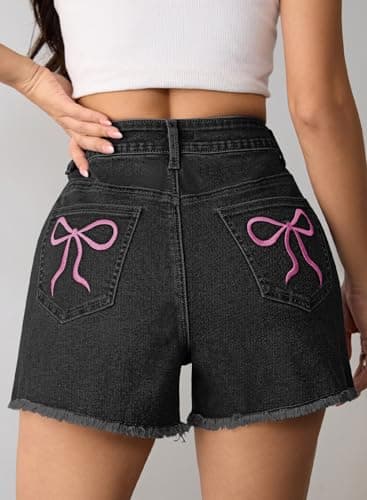 Pink Queen Women's High Waisted Denim Shorts 2026 Casual Star/Bow Frayed Hem Summer Hot Short Jeans with Pockets Black L - Thumbnail 5