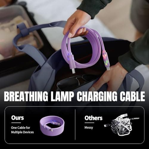 240W USB C Cable,4 in 1 Charging Cable Fast Charging & Data Sync,Multi USB Charging Cable with Breathing Light,Charger Cord for iPhone 16/15 14 13 iPad Samsung Galaxy MacBook iPad Tablets,Purple 5Ft - Thumbnail 5