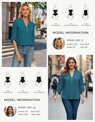 Womens Business Casual Tops,3/4 Sleeve Henley Shirts with Zip Up,Office Work Blouses Lightweight Summer Peacock Blue M - Thumbnail 6