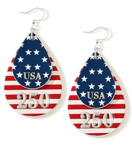wowshow American Flag Patriotic Earrings for Women, 250th Anniversary Teardrop Dangle Earrings for 4th of July Red White Blue Earrings PU Leather Independence Day Celebration Jewelry Gift Lightweight - Image 1