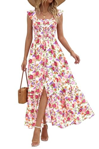 dowerme Womens Summer Maxi Dresses 2026 Casual Ruffle Sleeve Button Smocked Floral Slit Boho Dress Spring Beach Sundress(White Pink Flower,XX-Large) - Image 1
