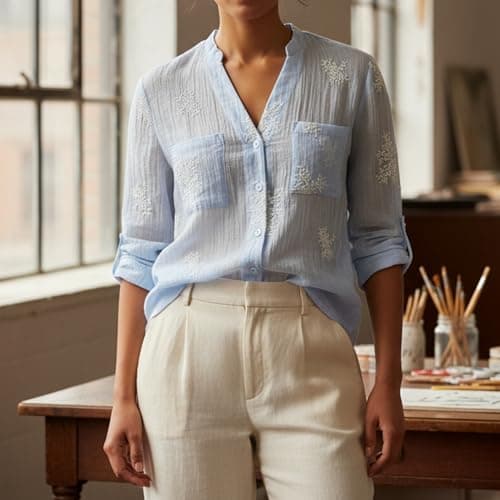 Ystguic Women's Sky Baby Blue Button Down See Through Embroideried Shirts - Thumbnail 5