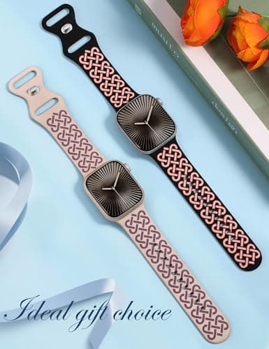 Minyee 2 Pack Engraved Bands Compatible with Apple Watch Band 42/44/45/46/49mm Women, Soft Silicone Two-Tone Celtic Sport Strap for iWatch Series 11 10 9 8 7 6 5 4 SE/Ultra 3 2 1, Black/Pink+Nude - Thumbnail 4