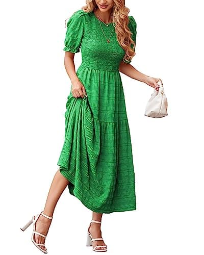 dowerme Womens Summer Dresses 2025 Casual Puff Short Sleeve Crewneck Smocked Flowy Ruffle Boho Beach Party Maxi Sundress(Green,X-Large) - Image 1