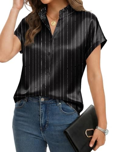 Funlingo Silk Blouse for Women Dressy Casual Striped Short Sleeve Button Down Shirts Summer Ruffle Collared Satin Tops Work Clothes Black Stripe S - Thumbnail 4