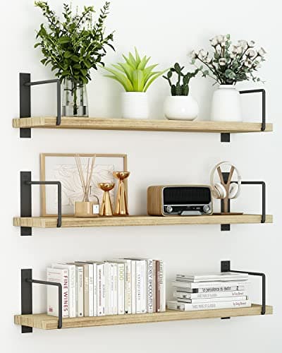 EALLRINEC Floating Shelves, 24 Inches, Easy to Install, Wall Mounted, Set of 3, Rustic Wood for Décor, Storage for Living Room, Bathroom, Bedroom