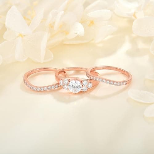 Vinoya 925 Sterling Silver Wedding Rings for Women Cubic Zirconia Rose Gold Plated Rings Three-in-One Engagement Promise Eternity Bands for Bridal Stackable Ring Size 6 - Thumbnail 3