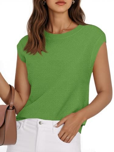 Saodimallsu Womens Short Sleeve Sweater Tops Summer Crewneck Lightweight Knit Casual Loose Sleeveless Sweater Vest Green - Image 1