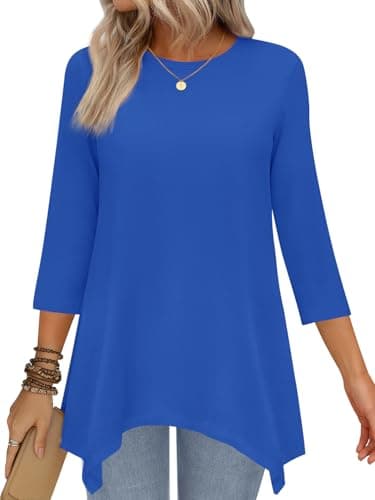 JUSTFASHIONNOW Tunic Tops for Women Loose Fit Dressy Casual 3/4 Length Sleeve Womens Summer Tops Ladies Clothing Plus Size Outfits（Deep Blue，X-Large - Image 1