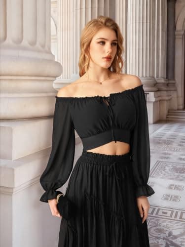 Women Off the Shoulder Crop Tops Long Sleeve Shirt Blouse Black S - Thumbnail 5